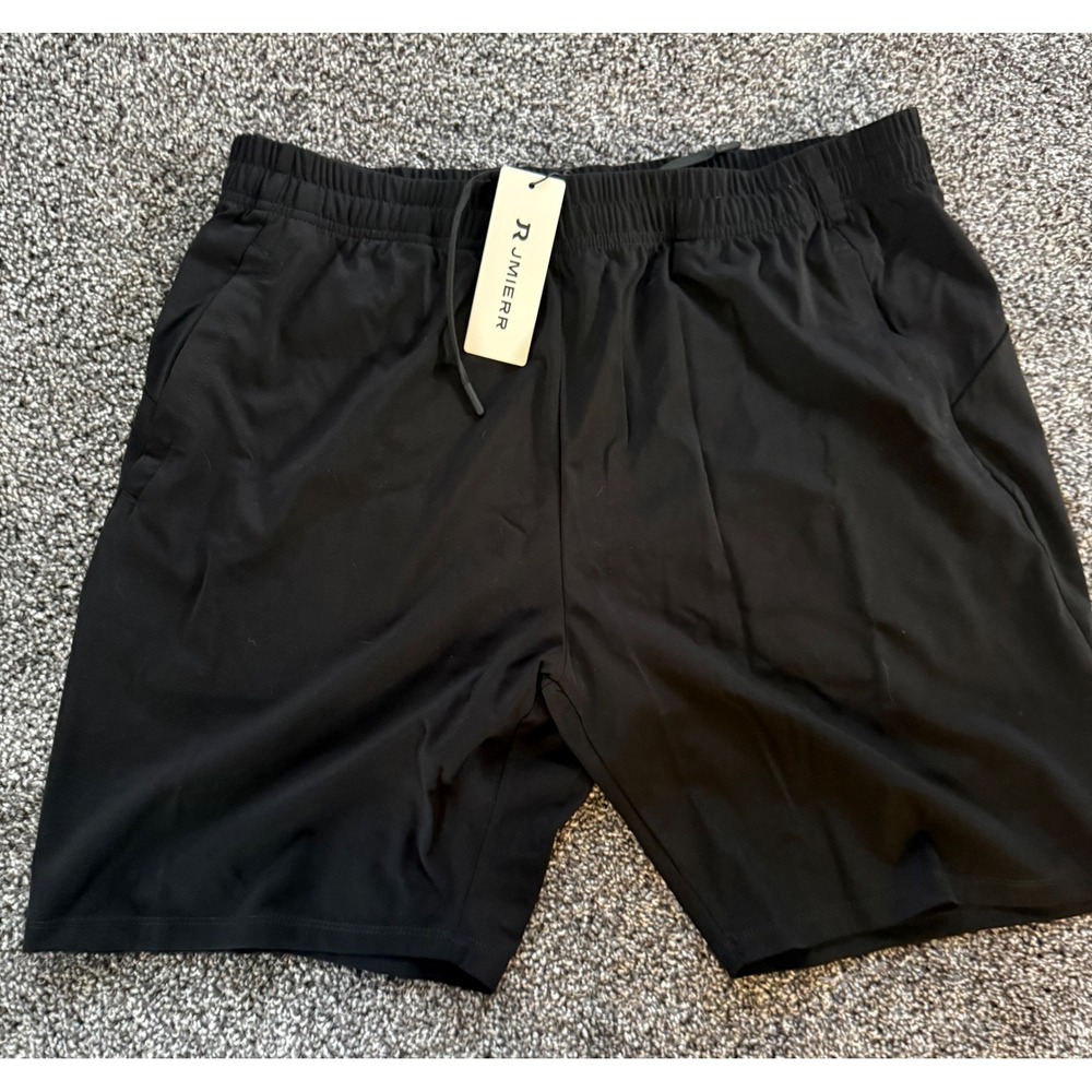 Mens Black Athletic Shorts 2XL Drawstring Elastic Waist Zipper Pocket NWT